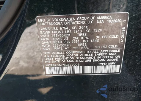2021 Volkswagen Atlas 3.6L V6 Sel z USA, uszkodzony, nr VIN 1V2ER2CA7MC537009